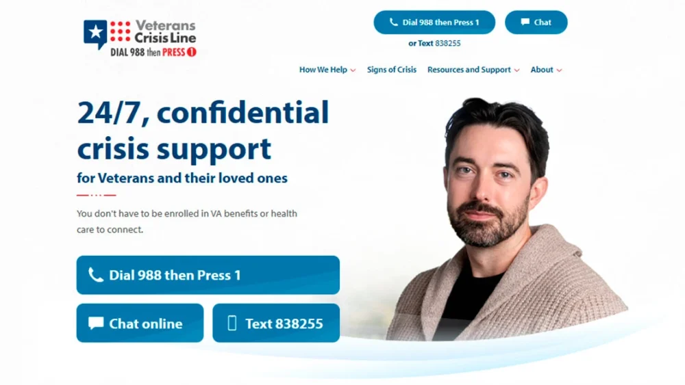 Homepage of 988 Veterans Crisis Line Website